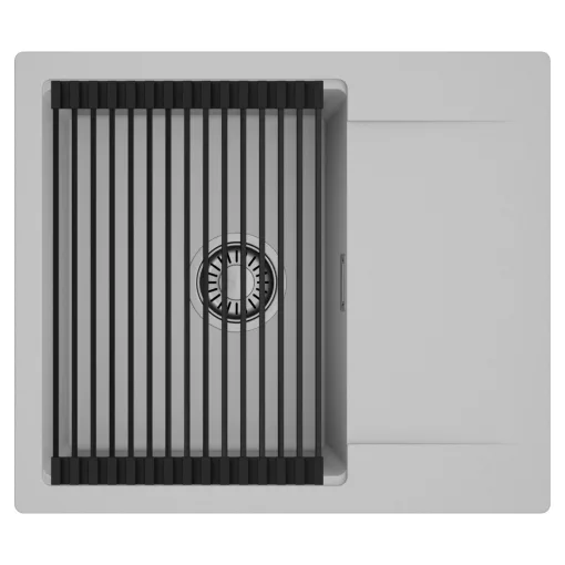 HD Onyx Grey 58 egymedencés mosogatótálca szett, matt fekete csepegtetőráccsal, csepegtetőtálcával, alpesi szürke színben, szálcsiszolt króm leeresztő szifonnal