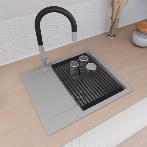 HD Onyx Grey 58 egymedencés mosogatótálca szett, matt fekete csepegtetőráccsal, csepegtetőtálcával, alpesi szürke színben, szálcsiszolt króm leeresztő szifonnal