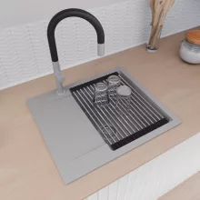 HD Onyx Grey 58 egymedencés mosogatótálca szett, acél csepegtetőráccsal és kosárral, csepegtetőtálcával, alpesi szürke színben, szálcsiszolt króm leeresztő szifonnal