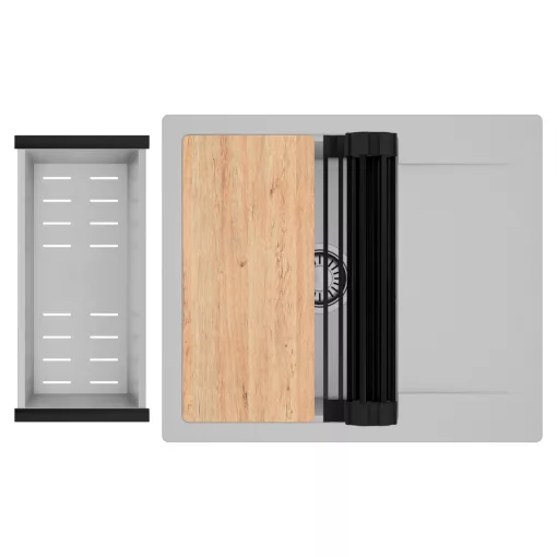 HD Onyx Grey 58 egymedencés gránit mosogatótálca szett, csepegtetőtálcával, vágódeszkával, matt fekete csepegtetőráccsal és krómozott kosárral, alpesi szürke színben, szálcsiszolt króm leeresztő szifonnal