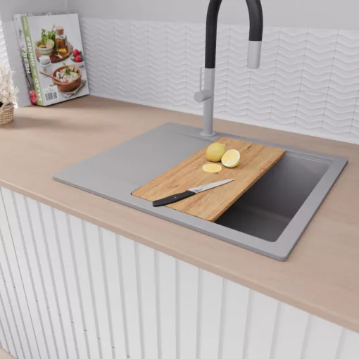 HD Onyx Grey 58 egymedencés gránit mosogatótálca szett, csepegtetőtálcával, vágódeszkával, matt fekete csepegtetőráccsal és krómozott kosárral, alpesi szürke színben, szálcsiszolt króm leeresztő szifonnal