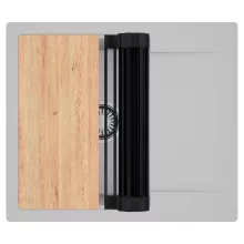 HD Onyx Grey 58 egymedencés gránit mosogatótálca szett, csepegtetőtálcával, vágódeszkával, matt fekete csepegtetőráccsal, alpesi szürke színben, szálcsiszolt króm leeresztő szifonnal