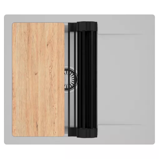 HD Onyx Grey 58 egymedencés gránit mosogatótálca szett, csepegtetőtálcával, vágódeszkával, matt fekete csepegtetőráccsal, alpesi szürke színben, szálcsiszolt króm leeresztő szifonnal