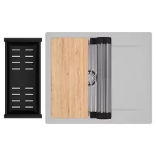 HD Onyx Grey 58 egymedencés gránit mosogatótálca szett, csepegtetőtálcával, vágódeszkával, acél csepegtetőráccsal és matt fekete kosárral, alpesi szürke színben, szálcsiszolt króm leeresztő szifonnal