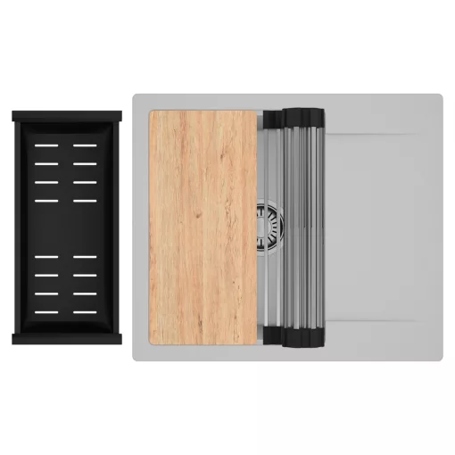 HD Onyx Grey 58 egymedencés gránit mosogatótálca szett, csepegtetőtálcával, vágódeszkával, acél csepegtetőráccsal és matt fekete kosárral, alpesi szürke színben, szálcsiszolt króm leeresztő szifonnal