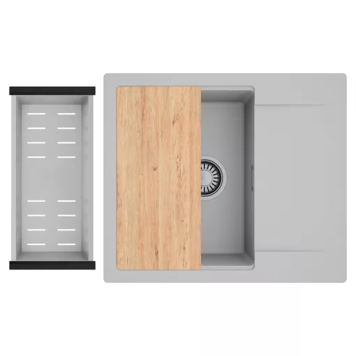 HD Onyx Grey 58 egymedencés gránit mosogatótálca szett, csepegtetőtálcával, vágódeszkával, acél csepegtetőkosárral, alpesi szürke színben, szálcsiszolt króm leeresztő szifonnal