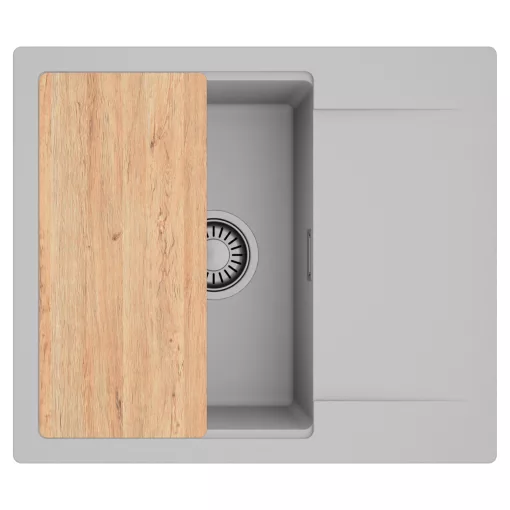 HD Onyx Grey 58 egymedencés gránit mosogatótálca, vágódeszkával, alpesi szürke színben, szálcsiszolt króm leeresztő szifonnal