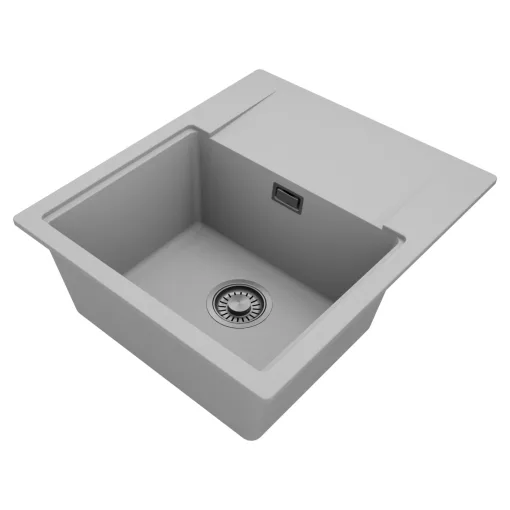 HD Onyx Grey 58 egymedencés gránit mosogatótálca, vágódeszkával, alpesi szürke színben, szálcsiszolt króm leeresztő szifonnal