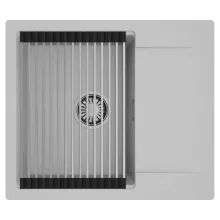 HD Onyx Grey 58 egymedencés mosogatótálca szett, acél csepegtetőráccsal, csepegtetőtálcával, alpesi szürke színben, szálcsiszolt króm leeresztő szifonnal