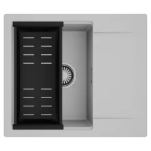 HD Onyx Grey 58 egymedencés mosogatótálca szett, matt fekete csepegtetőkosárral, csepegtetőtálcával, alpesi szürke színben, szálcsiszolt króm leeresztő szifonnal