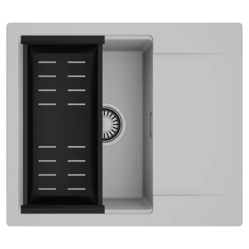 HD Onyx Grey 58 egymedencés mosogatótálca szett, matt fekete csepegtetőkosárral, csepegtetőtálcával, alpesi szürke színben, szálcsiszolt króm leeresztő szifonnal