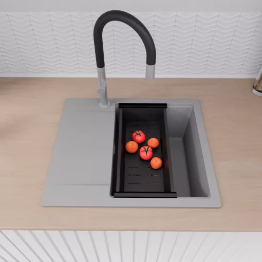 HD Onyx Grey 58 egymedencés mosogatótálca szett, matt fekete csepegtetőkosárral, csepegtetőtálcával, alpesi szürke színben, szálcsiszolt króm leeresztő szifonnal