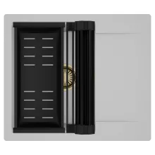 HD Onyx Grey 58 egymedencés mosogatótálca szett, matt fekete csepegtetőráccsal és kosárral, csepegtetőtálcával, alpesi szürke színben, szálcsiszolt arany leeresztő szifonnal