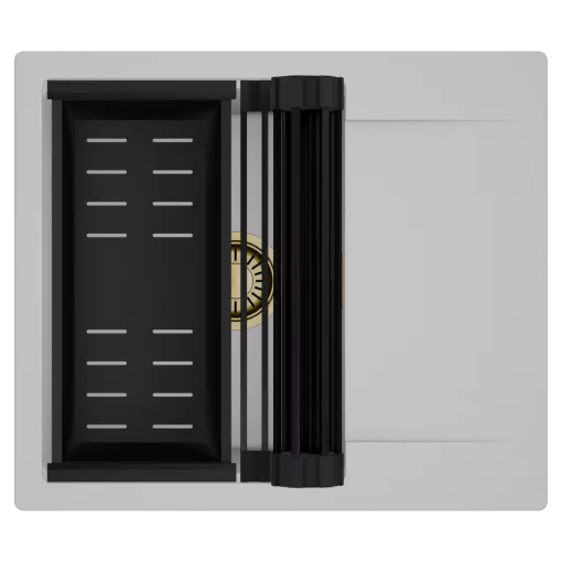 HD Onyx Grey 58 egymedencés mosogatótálca szett, matt fekete csepegtetőráccsal és kosárral, csepegtetőtálcával, alpesi szürke színben, szálcsiszolt arany leeresztő szifonnal