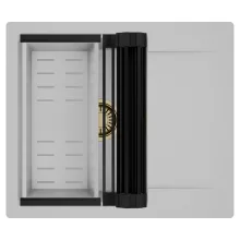 HD Onyx Grey 58 egymedencés mosogatótálca szett, matt fekete csepegtetőráccsal és krómozott kosárral, csepegtetőtálcával, alpesi szürke színben, szálcsiszolt arany leeresztő szifonnal