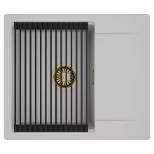 HD Onyx Grey 58 egymedencés mosogatótálca szett, matt fekete csepegtetőráccsal, csepegtetőtálcával, alpesi szürke színben, szálcsiszolt arany leeresztő szifonnal