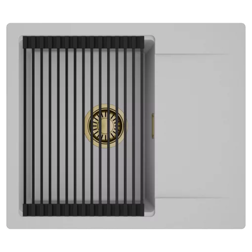 HD Onyx Grey 58 egymedencés mosogatótálca szett, matt fekete csepegtetőráccsal, csepegtetőtálcával, alpesi szürke színben, szálcsiszolt arany leeresztő szifonnal