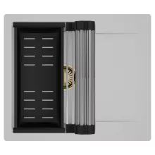 HD Onyx Grey 58 egymedencés mosogatótálca szett, acél csepegtetőráccsal és matt fekete kosárral, csepegtetőtálcával, alpesi szürke színben, szálcsiszolt arany leeresztő szifonnal