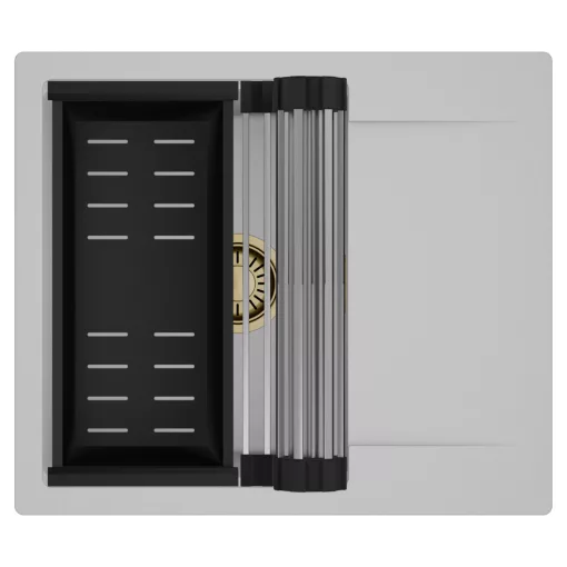 HD Onyx Grey 58 egymedencés mosogatótálca szett, acél csepegtetőráccsal és matt fekete kosárral, csepegtetőtálcával, alpesi szürke színben, szálcsiszolt arany leeresztő szifonnal