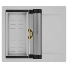 HD Onyx Grey 58 egymedencés mosogatótálca szett, acél csepegtetőráccsal és kosárral, csepegtetőtálcával, alpesi szürke színben, szálcsiszolt arany leeresztő szifonnal