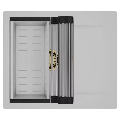 HD Onyx Grey 58 egymedencés mosogatótálca szett, acél csepegtetőráccsal és kosárral, csepegtetőtálcával, alpesi szürke színben, szálcsiszolt arany leeresztő szifonnal