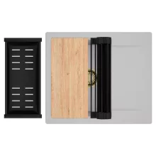 HD Onyx Grey 58 egymedencés gránit mosogatótálca szett, csepegtetőtálcával, vágódeszkával, matt fekete csepegtetőráccsal és kosárral, alpesi szürke színben, szálcsiszolt arany leeresztő szifonnal