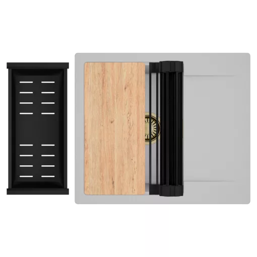 HD Onyx Grey 58 egymedencés gránit mosogatótálca szett, csepegtetőtálcával, vágódeszkával, matt fekete csepegtetőráccsal és kosárral, alpesi szürke színben, szálcsiszolt arany leeresztő szifonnal