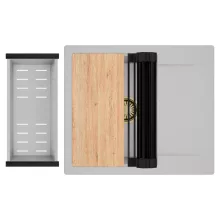 HD Onyx Grey 58 egymedencés gránit mosogatótálca szett, csepegtetőtálcával, vágódeszkával, matt fekete csepegtetőráccsal és krómozott kosárral, alpesi szürke színben, szálcsiszolt arany leeresztő szifonnal