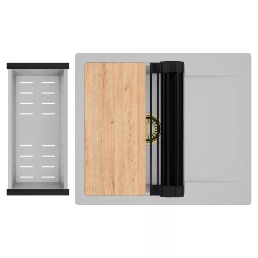 HD Onyx Grey 58 egymedencés gránit mosogatótálca szett, csepegtetőtálcával, vágódeszkával, matt fekete csepegtetőráccsal és krómozott kosárral, alpesi szürke színben, szálcsiszolt arany leeresztő szifonnal