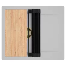 HD Onyx Grey 58 egymedencés gránit mosogatótálca szett, csepegtetőtálcával, vágódeszkával, matt fekete csepegtetőráccsal, alpesi szürke színben, szálcsiszolt arany leeresztő szifonnal