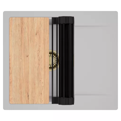 HD Onyx Grey 58 egymedencés gránit mosogatótálca szett, csepegtetőtálcával, vágódeszkával, matt fekete csepegtetőráccsal, alpesi szürke színben, szálcsiszolt arany leeresztő szifonnal