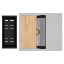 HD Onyx Grey 58 egymedencés gránit mosogatótálca szett, csepegtetőtálcával, vágódeszkával, acél csepegtetőráccsal és matt fekete kosárral, alpesi szürke színben, szálcsiszolt arany leeresztő szifonnal