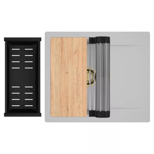 HD Onyx Grey 58 egymedencés gránit mosogatótálca szett, csepegtetőtálcával, vágódeszkával, acél csepegtetőráccsal és matt fekete kosárral, alpesi szürke színben, szálcsiszolt arany leeresztő szifonnal