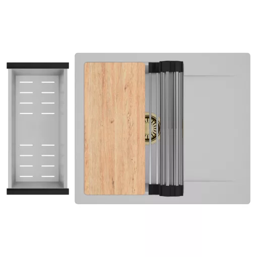 HD Onyx Grey 58 egymedencés gránit mosogatótálca szett, csepegtetőtálcával, vágódeszkával, acél csepegtetőráccsal és kosárral, alpesi szürke színben, szálcsiszolt arany leeresztő szifonnal