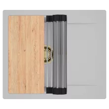 HD Onyx Grey 58 egymedencés gránit mosogatótálca szett, csepegtetőtálcával, vágódeszkával, acél csepegtetőráccsal, alpesi szürke színben, szálcsiszolt arany leeresztő szifonnal