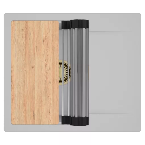 HD Onyx Grey 58 egymedencés gránit mosogatótálca szett, csepegtetőtálcával, vágódeszkával, acél csepegtetőráccsal, alpesi szürke színben, szálcsiszolt arany leeresztő szifonnal