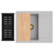 HD Onyx Grey 58 egymedencés gránit mosogatótálca szett, csepegtetőtálcával, vágódeszkával, matt fekete csepegtetőkosárral, alpesi szürke színben, szálcsiszolt arany leeresztő szifonnal