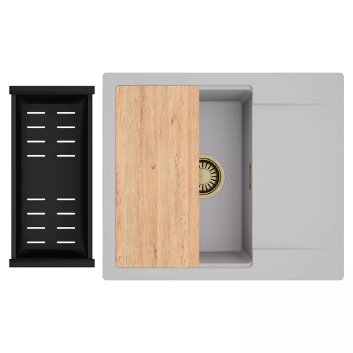 HD Onyx Grey 58 egymedencés gránit mosogatótálca szett, csepegtetőtálcával, vágódeszkával, matt fekete csepegtetőkosárral, alpesi szürke színben, szálcsiszolt arany leeresztő szifonnal