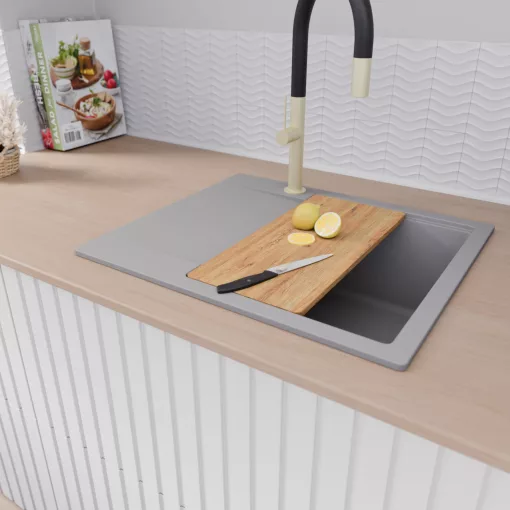 HD Onyx Grey 58 egymedencés gránit mosogatótálca szett, csepegtetőtálcával, vágódeszkával, matt fekete csepegtetőkosárral, alpesi szürke színben, szálcsiszolt arany leeresztő szifonnal