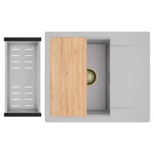 HD Onyx Grey 58 egymedencés gránit mosogatótálca szett, csepegtetőtálcával, vágódeszkával, acél csepegtetőkosárral, alpesi szürke színben, szálcsiszolt arany leeresztő szifonnal