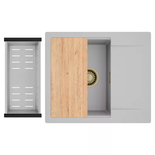 HD Onyx Grey 58 egymedencés gránit mosogatótálca szett, csepegtetőtálcával, vágódeszkával, acél csepegtetőkosárral, alpesi szürke színben, szálcsiszolt arany leeresztő szifonnal