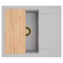 HD Onyx Grey 58 egymedencés gránit mosogatótálca, vágódeszkával, alpesi szürke színben, szálcsiszolt arany leeresztő szifonnal