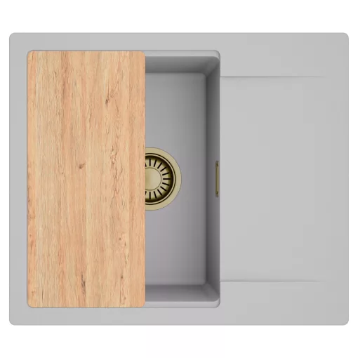 HD Onyx Grey 58 egymedencés gránit mosogatótálca, vágódeszkával, alpesi szürke színben, szálcsiszolt arany leeresztő szifonnal