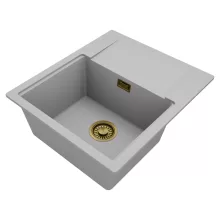 HD Onyx Grey 58 egymedencés gránit mosogatótálca, vágódeszkával, alpesi szürke színben, szálcsiszolt arany leeresztő szifonnal