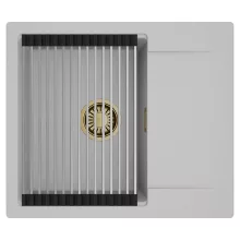 HD Onyx Grey 58 egymedencés mosogatótálca szett, acél csepegtetőráccsal, csepegtetőtálcával, alpesi szürke színben, szálcsiszolt arany leeresztő szifonnal