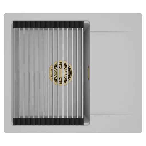 HD Onyx Grey 58 egymedencés mosogatótálca szett, acél csepegtetőráccsal, csepegtetőtálcával, alpesi szürke színben, szálcsiszolt arany leeresztő szifonnal