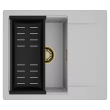 HD Onyx Grey 58 egymedencés mosogatótálca szett, matt fekete csepegtetőkosárral, csepegtetőtálcával, alpesi szürke színben, szálcsiszolt arany leeresztő szifonnal