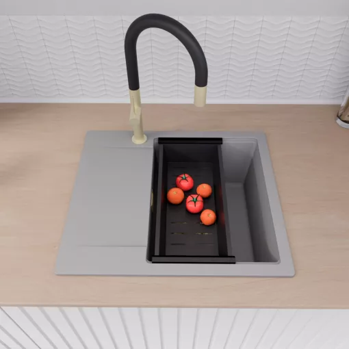 HD Onyx Grey 58 egymedencés mosogatótálca szett, matt fekete csepegtetőkosárral, csepegtetőtálcával, alpesi szürke színben, szálcsiszolt arany leeresztő szifonnal