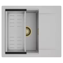 HD Onyx Grey 58 egymedencés mosogatótálca szett, acél csepegtetőkosárral, csepegtetőtálcával, alpesi szürke színben, szálcsiszolt arany leeresztő szifonnal