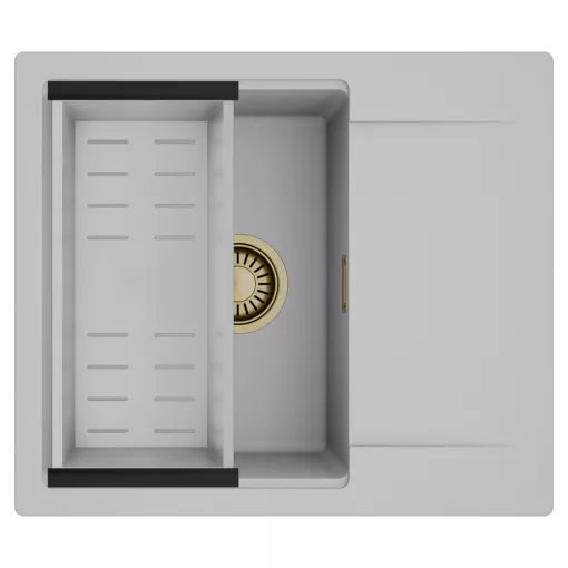 HD Onyx Grey 58 egymedencés mosogatótálca szett, acél csepegtetőkosárral, csepegtetőtálcával, alpesi szürke színben, szálcsiszolt arany leeresztő szifonnal